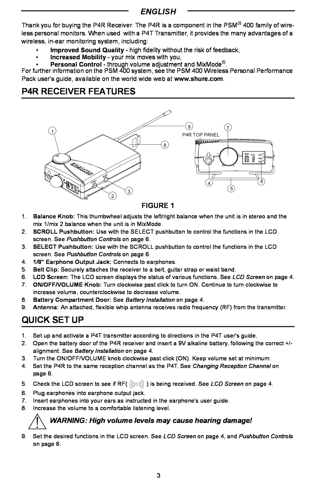 Shure manual P4R RECEIVER FEATURES, Quick Set Up, English 