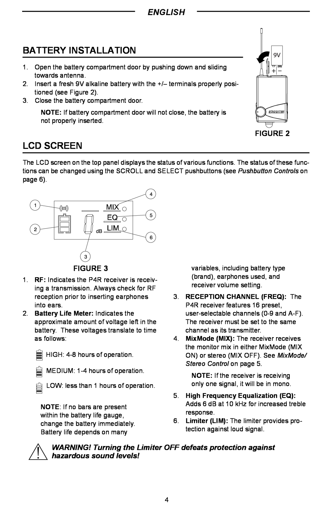 Shure P4R manual Battery Installation, Lcd Screen, English 