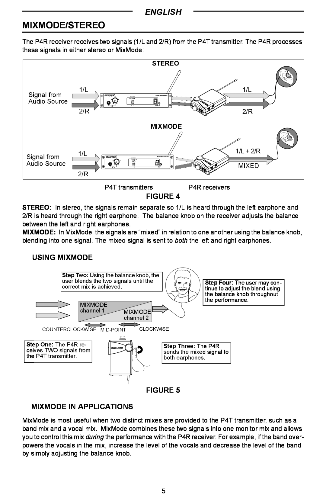 Shure P4R manual Mixmode/Stereo, English, Using Mixmode, Figure Mixmode In Applications 