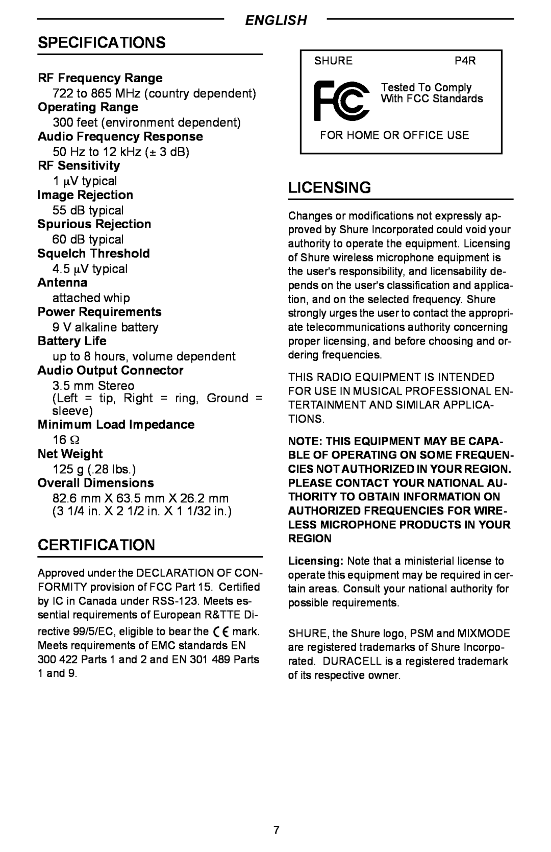 Shure P4R manual Specifications, Certification, Licensing, English 