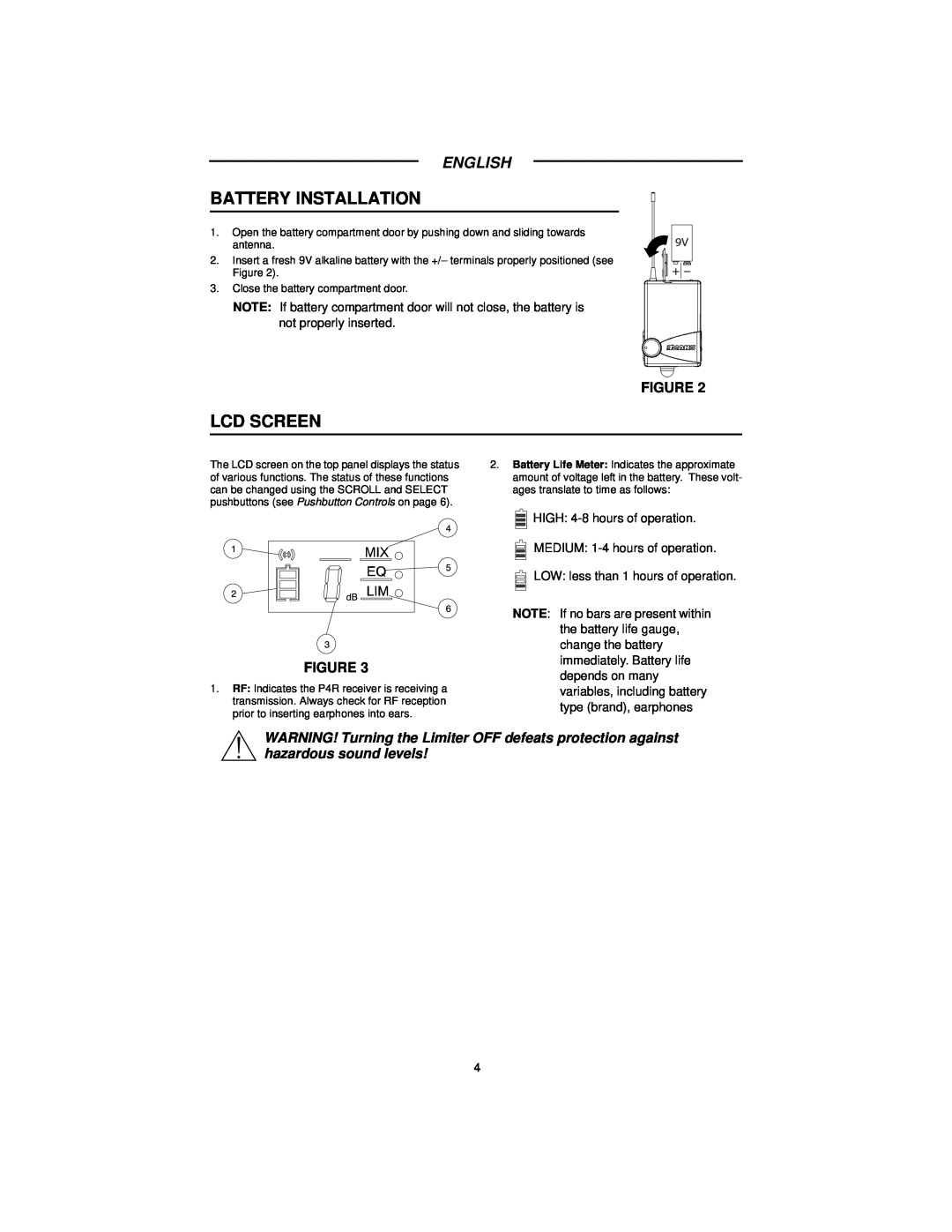 Shure P4R manual Battery Installation, Lcd Screen, English 