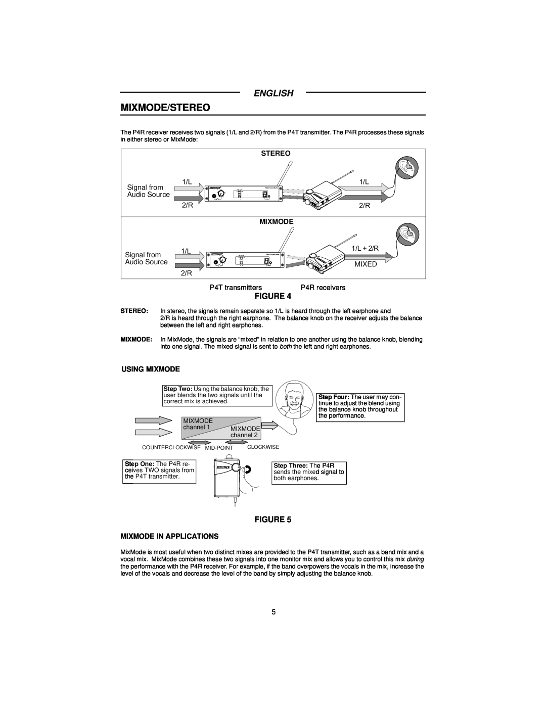 Shure P4R manual Mixmode/Stereo, English, Using Mixmode, Mixmode In Applications 