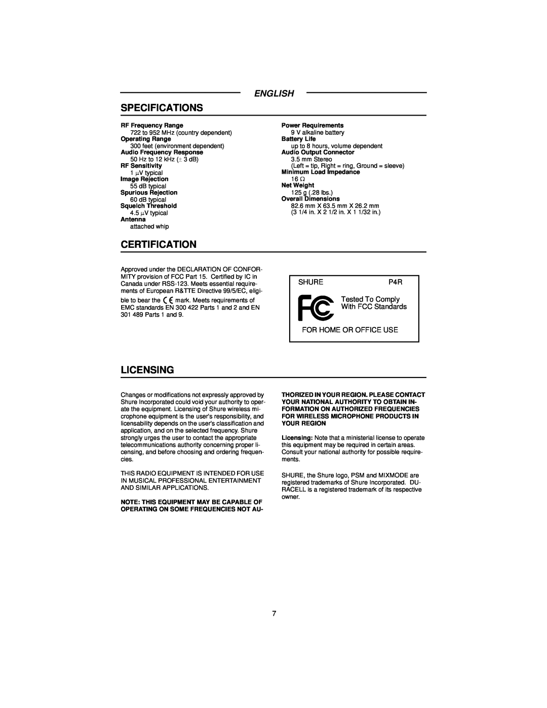 Shure manual Specifications, Certification, Licensing, English, SHUREP4R Tested To Comply With FCC Standards 