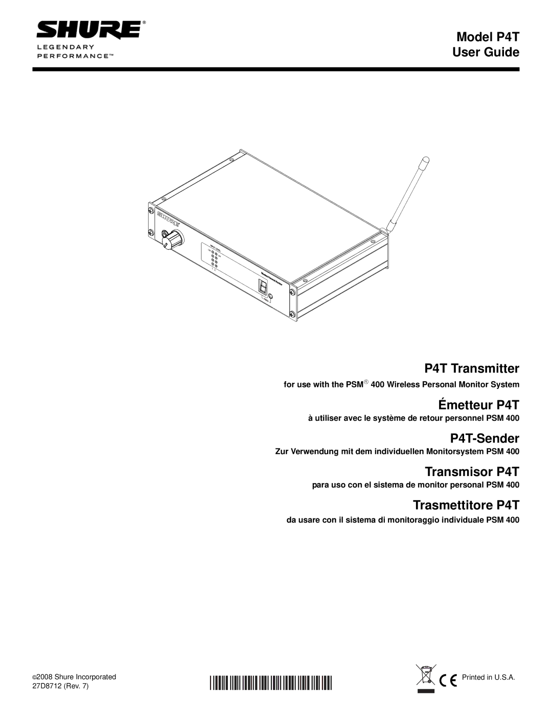 Shure manual Model P4T User Guide P4T Transmitter 