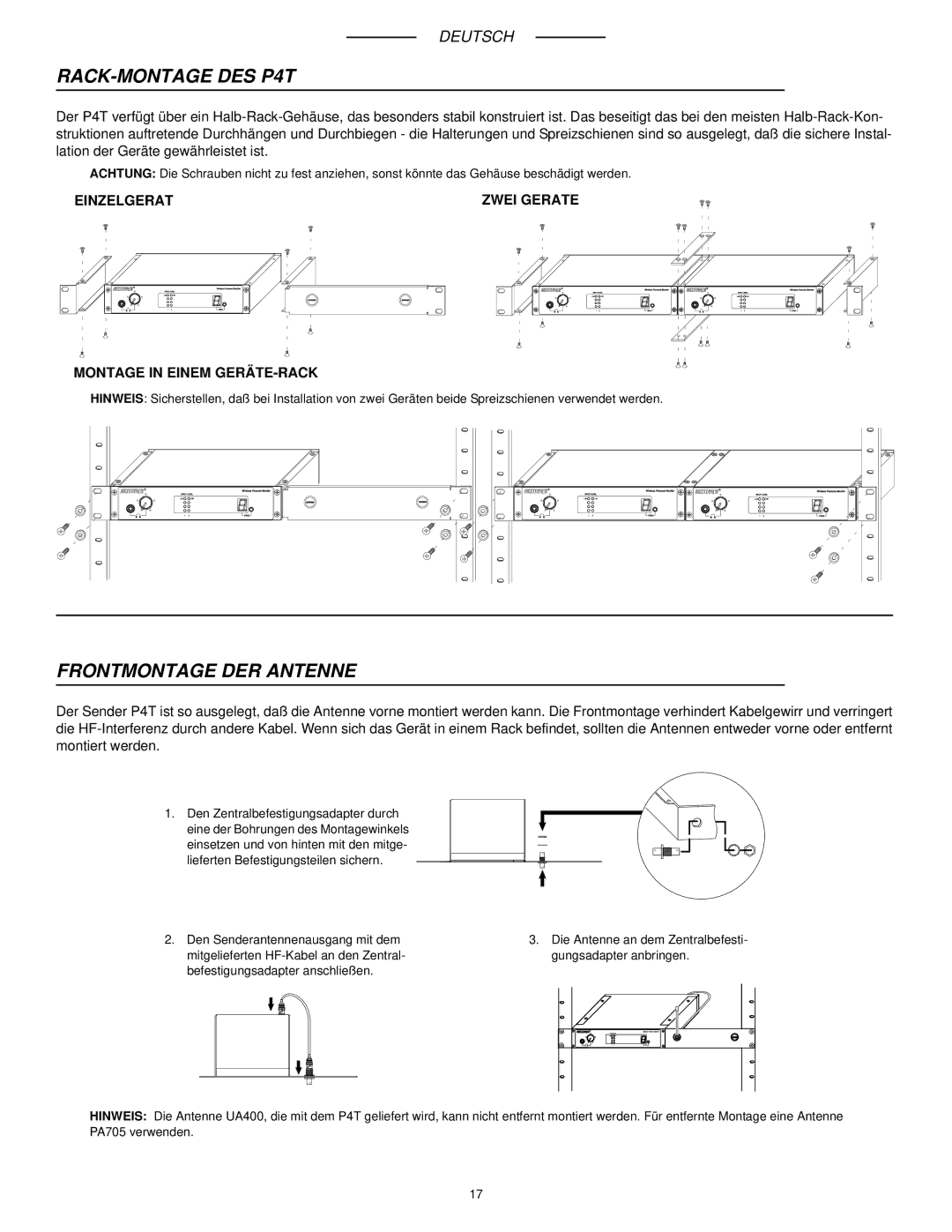 Shure manual RACK-MONTAGE DES P4T, Frontmontage DER Antenne, Einzelgerät Zwei Geräte Montage in Einem GERÄTE-RACK 