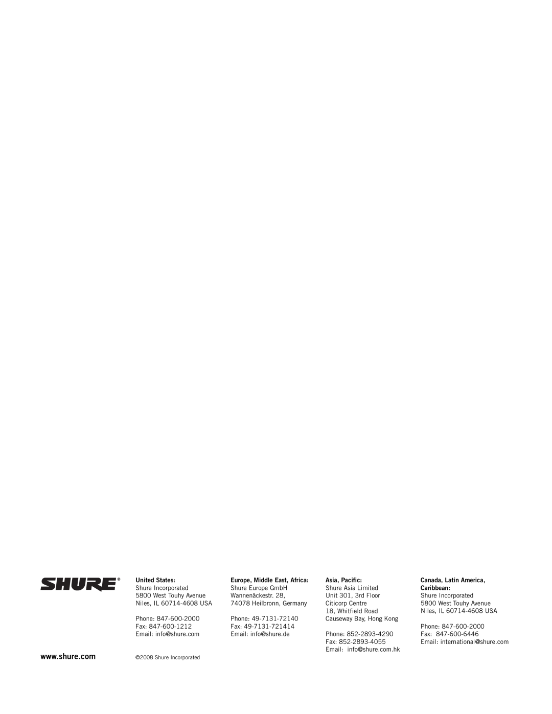 Shure P4T manual United States, Europe, Middle East, Africa, Asia, Pacific, Canada, Latin America, Caribbean 