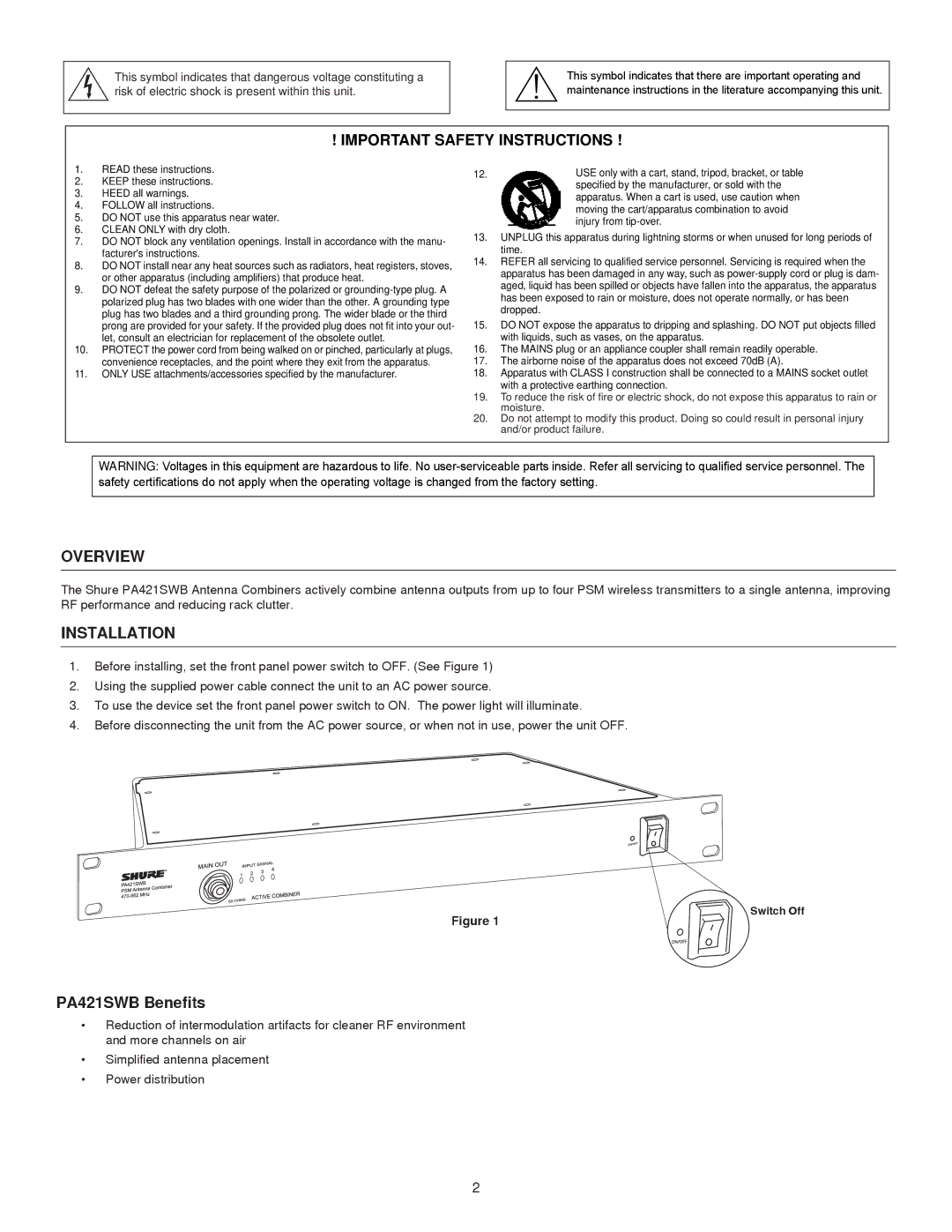 Shure PA421SWB manual Important Safety Instructions, Overview, Installation 