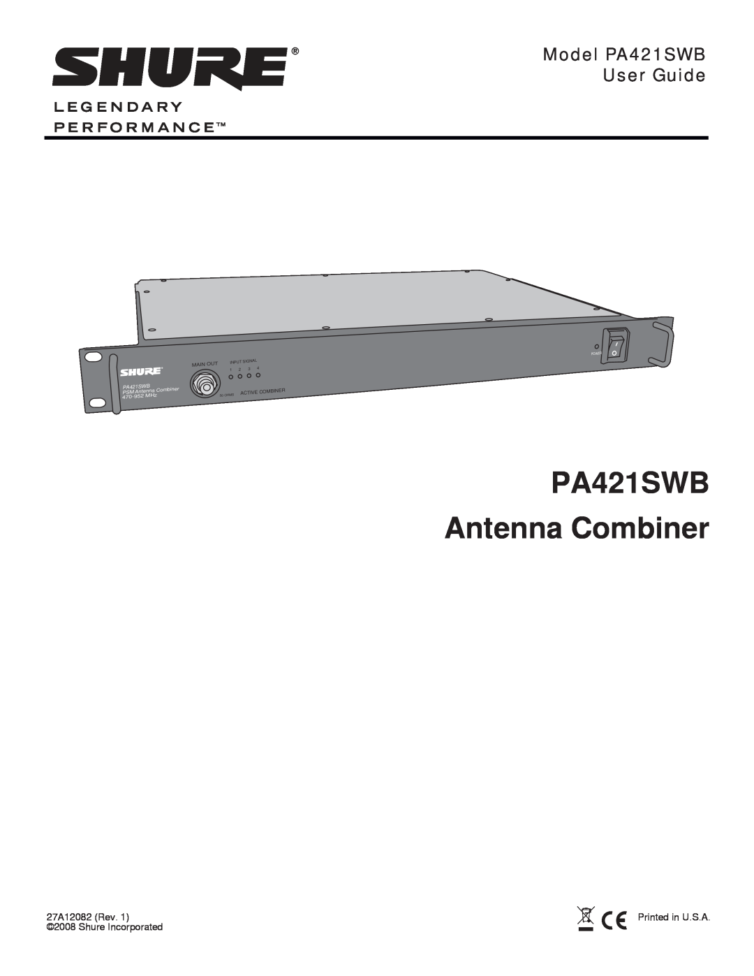 Shure manual PA421SWB Antenna Combiner, Model PA421SWB User Guide, PSM Ante, 470-952 MHz, Mainout, Ombine, Activec 