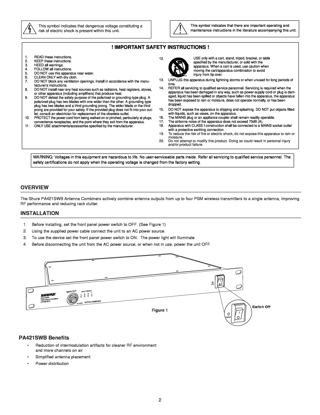 Shure manual Important Safety Instructions, Overview, Installation, PA421SWB Benefits 