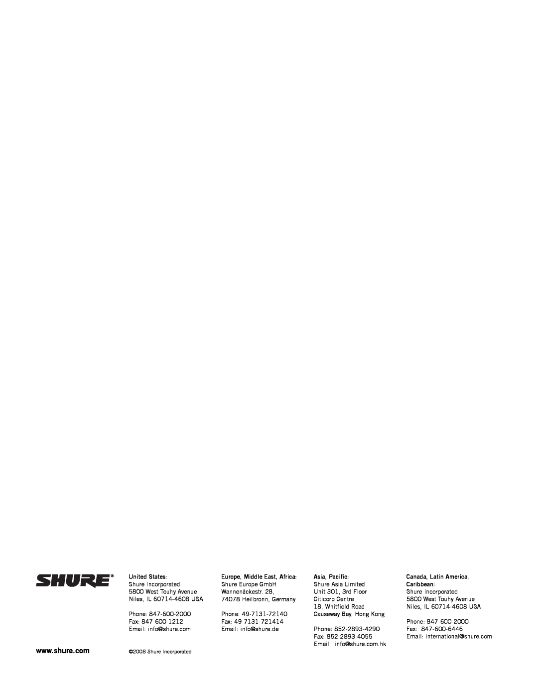 Shure PA421SWB manual United States, Europe, Middle East, Africa, Asia, Pacific, Canada, Latin America, Caribbean 