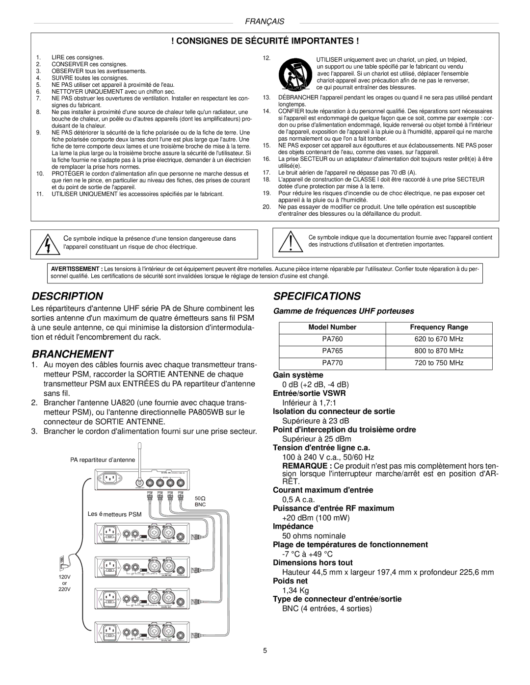 Shure PA765, PA770, PA760 manual Description, Branchement, Specifications 