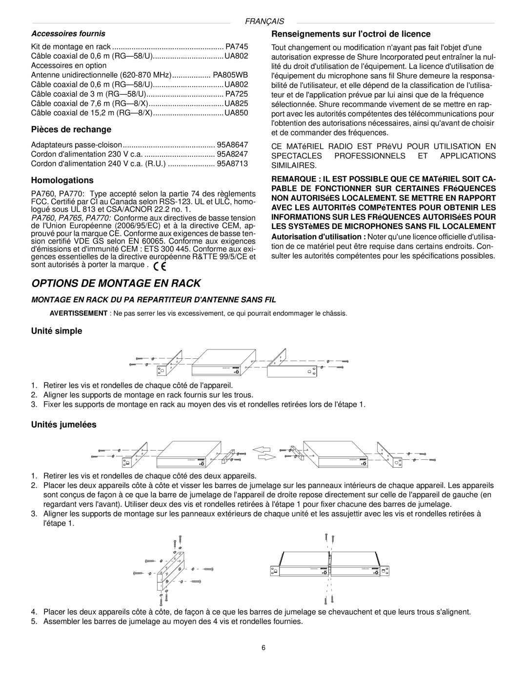 Shure PA770, PA760, PA765 manual Options DE Montage EN Rack, Pièces de rechange, Homologations, Unité simple, Unités jumelées 