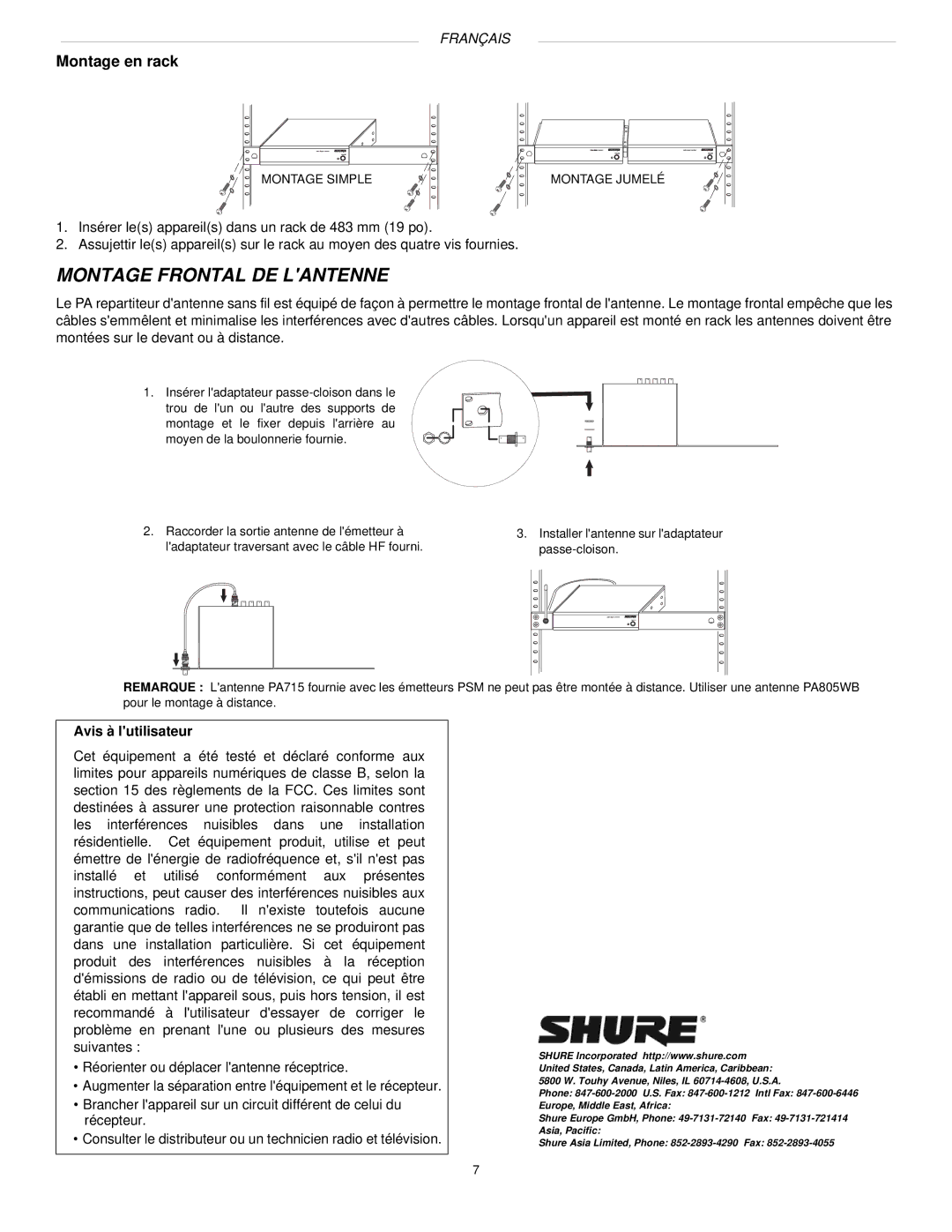 Shure PA760, PA770, PA765 manual Montage Frontal DE Lantenne, Montage en rack, Avis à lutilisateur 