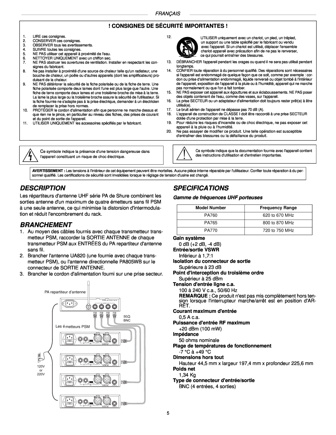 Shure PA765, PA770, PA760 manual Description, Branchement, Specifications, Consignes De Sécurité Importantes, Français 