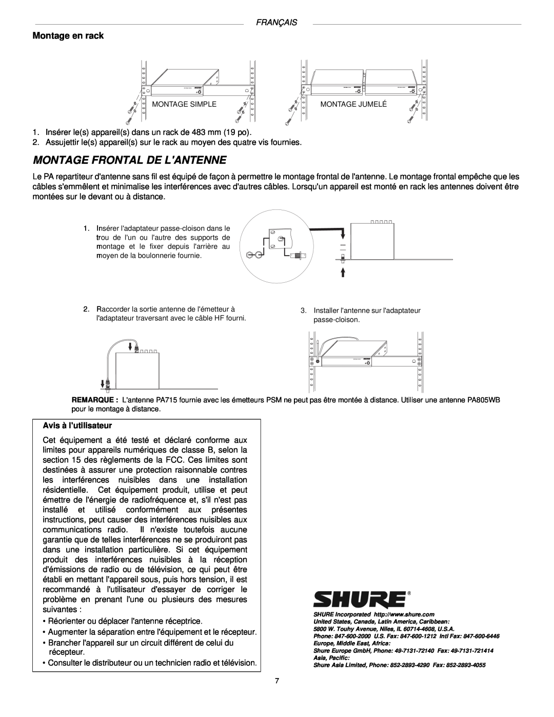 Shure PA760, PA770, PA765 manual Montage Frontal De Lantenne, Montage en rack, Français 