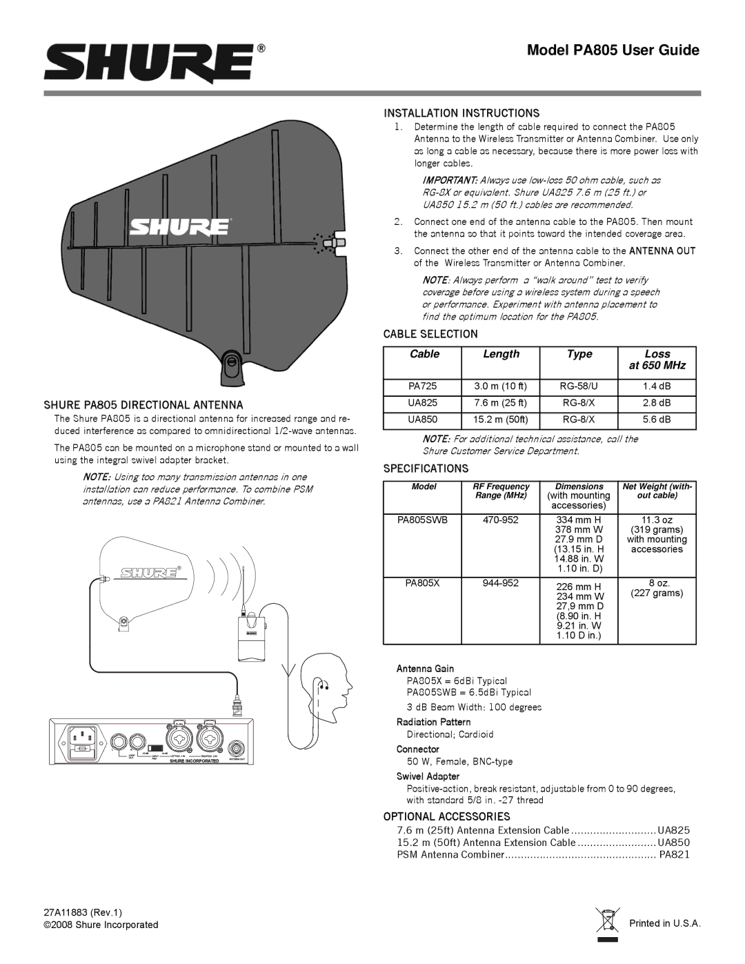 Shure installation instructions Shure PA805 Directional Antenna, Installation Instructions, Cable Selection 