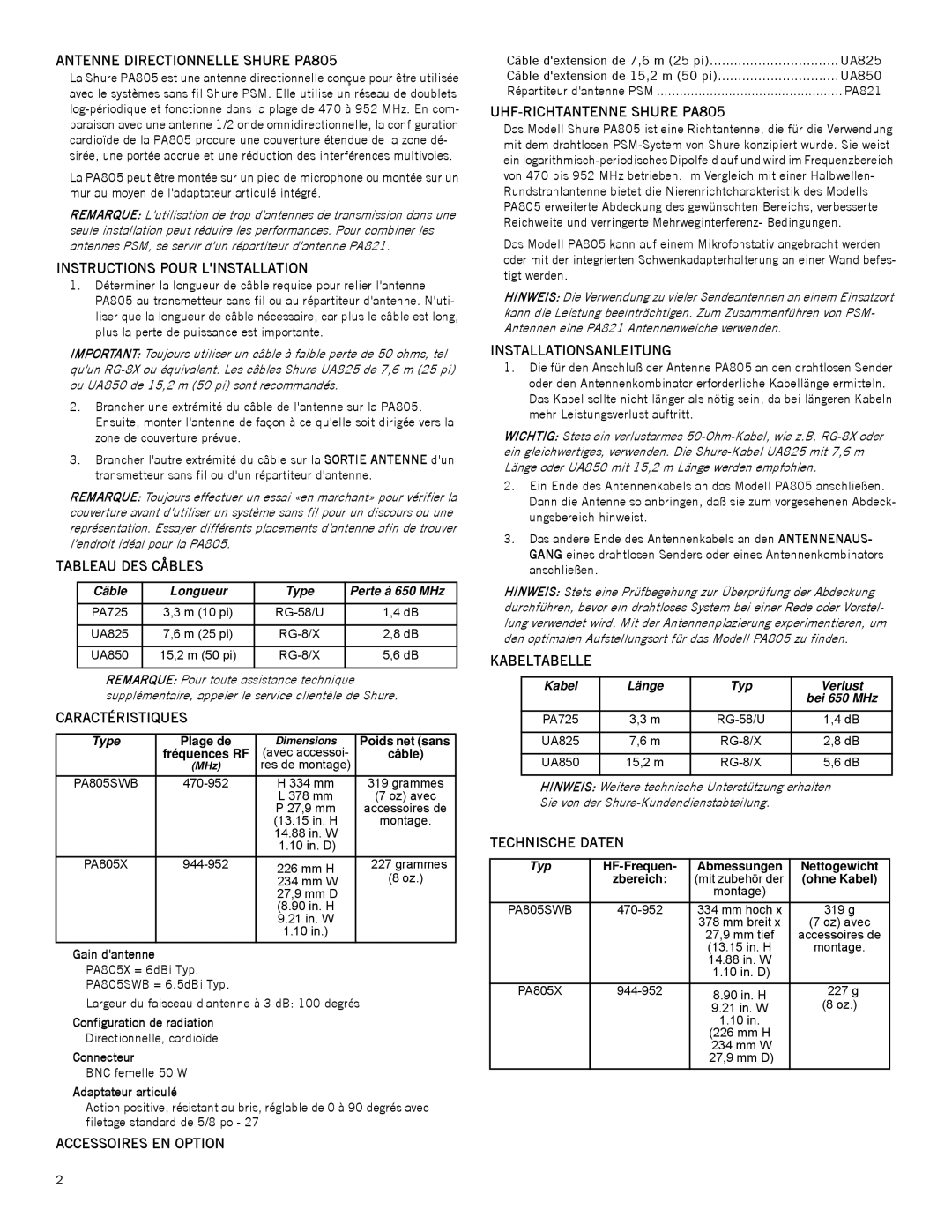 Shure Antenne Directionnelle Shure PA805, Instructions Pour Linstallation, Tableau DES Cåbles, Caractéristiques 