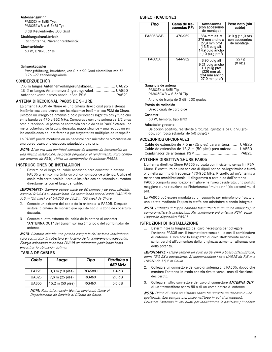Shure Sonderzubehör, Antena Direccional PA805 DE Shure, Instrucciones DE Instalacion, Tabla DE Cables, Especificaciones 