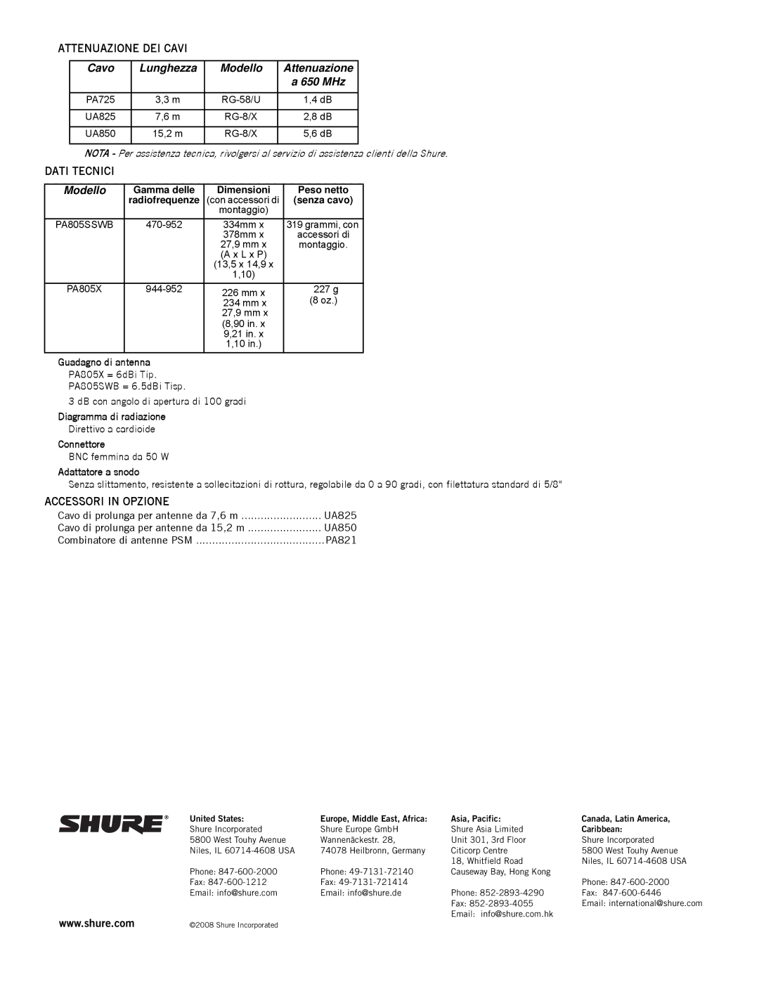 Shure PA805 installation instructions Attenuazione DEI Cavi, Dati Tecnici, Accessori in Opzione 