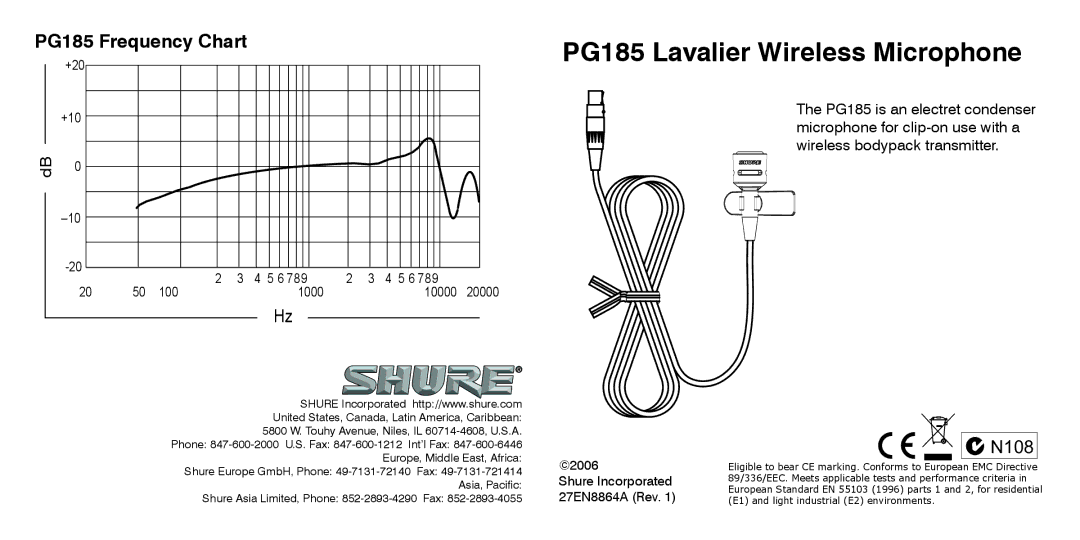 Shure manual PG185 Lavalier Wireless Microphone, N108 