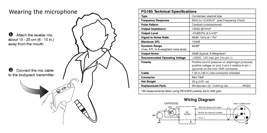 Shure manual Wearing the microphone, PG185 Technical Specifications 