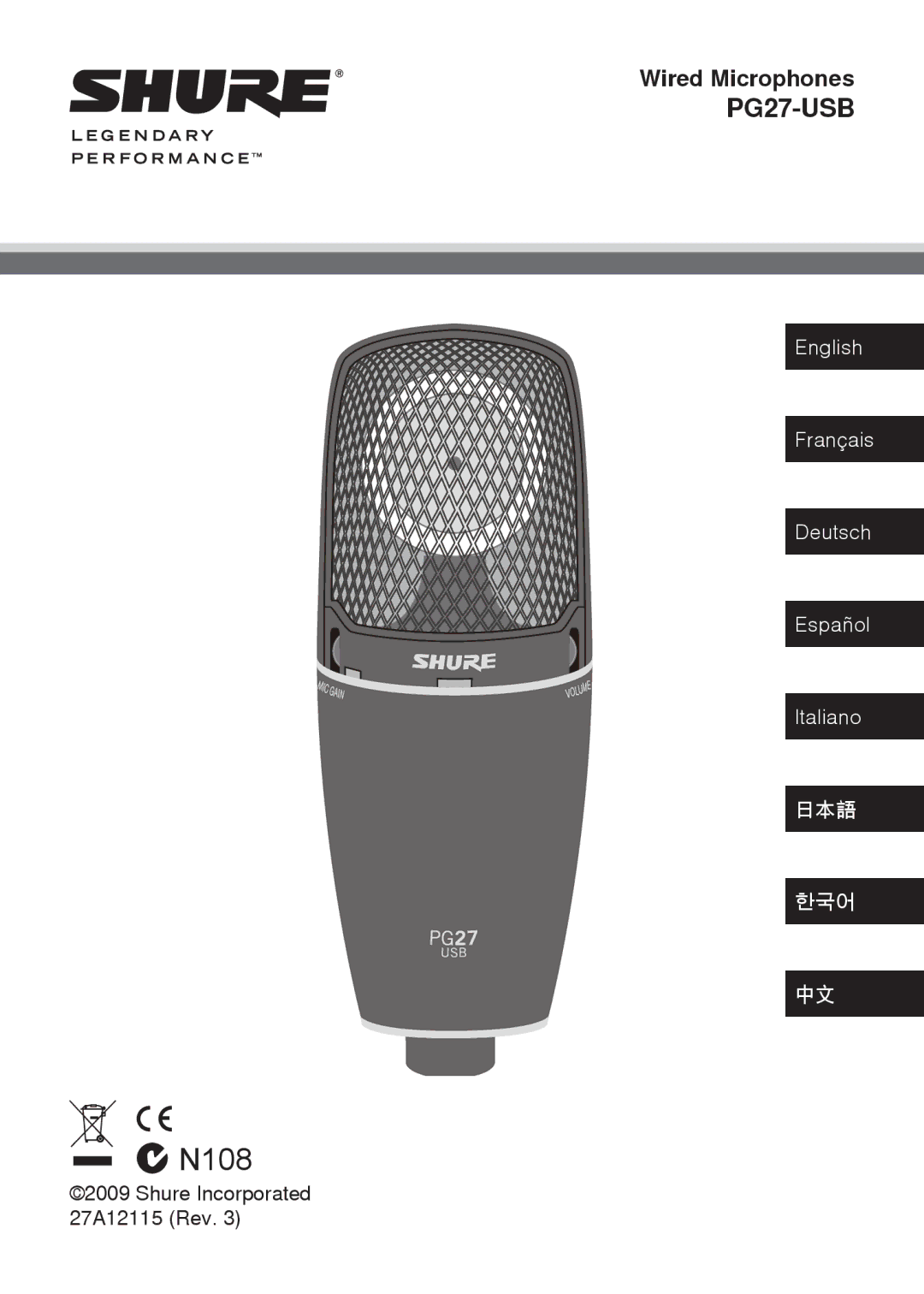 Shure PG27-USB manual Wired Microphones 