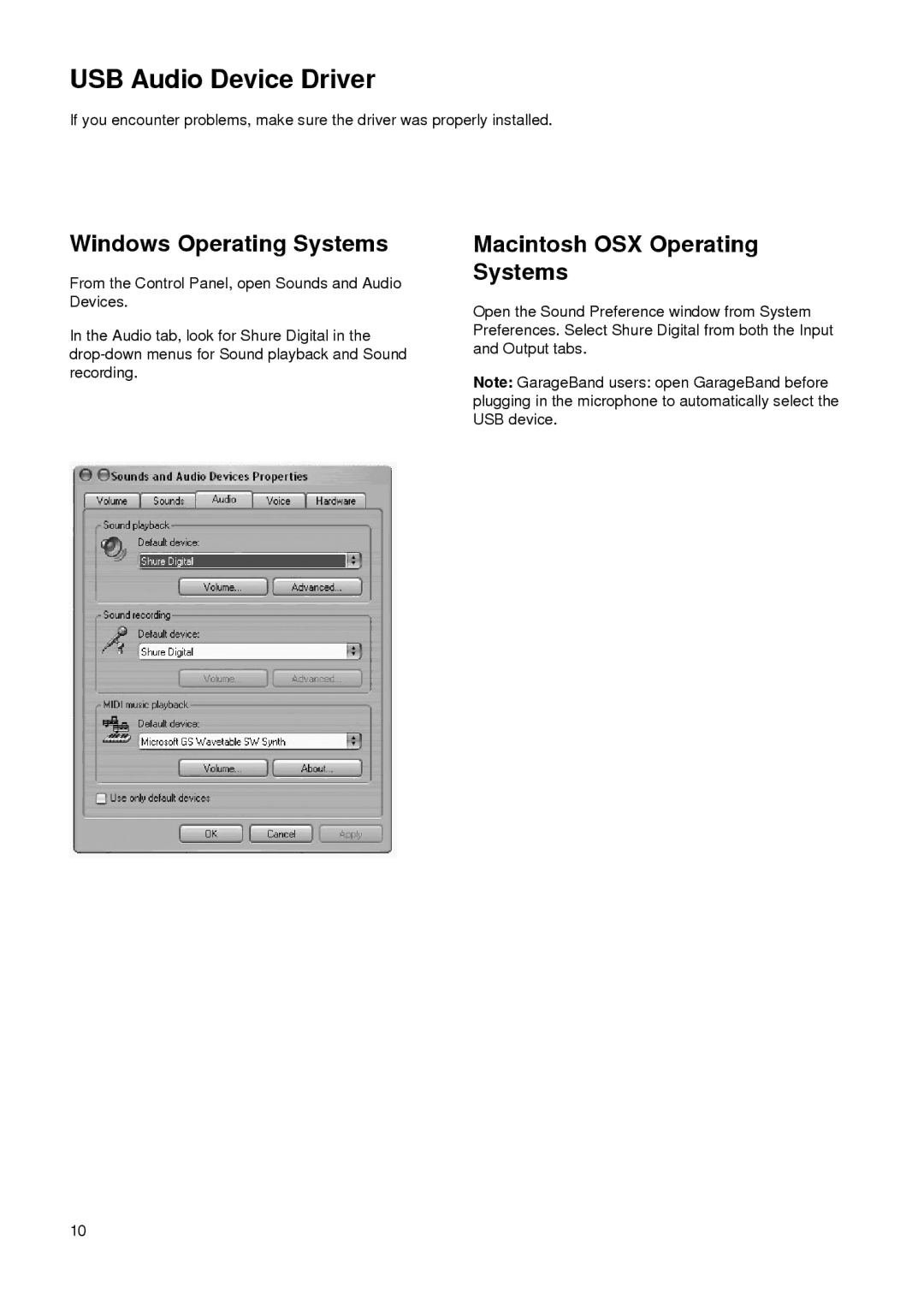 Shure PG27-USB manual USB Audio Device Driver, Windows Operating Systems, Macintosh OSX Operating Systems 