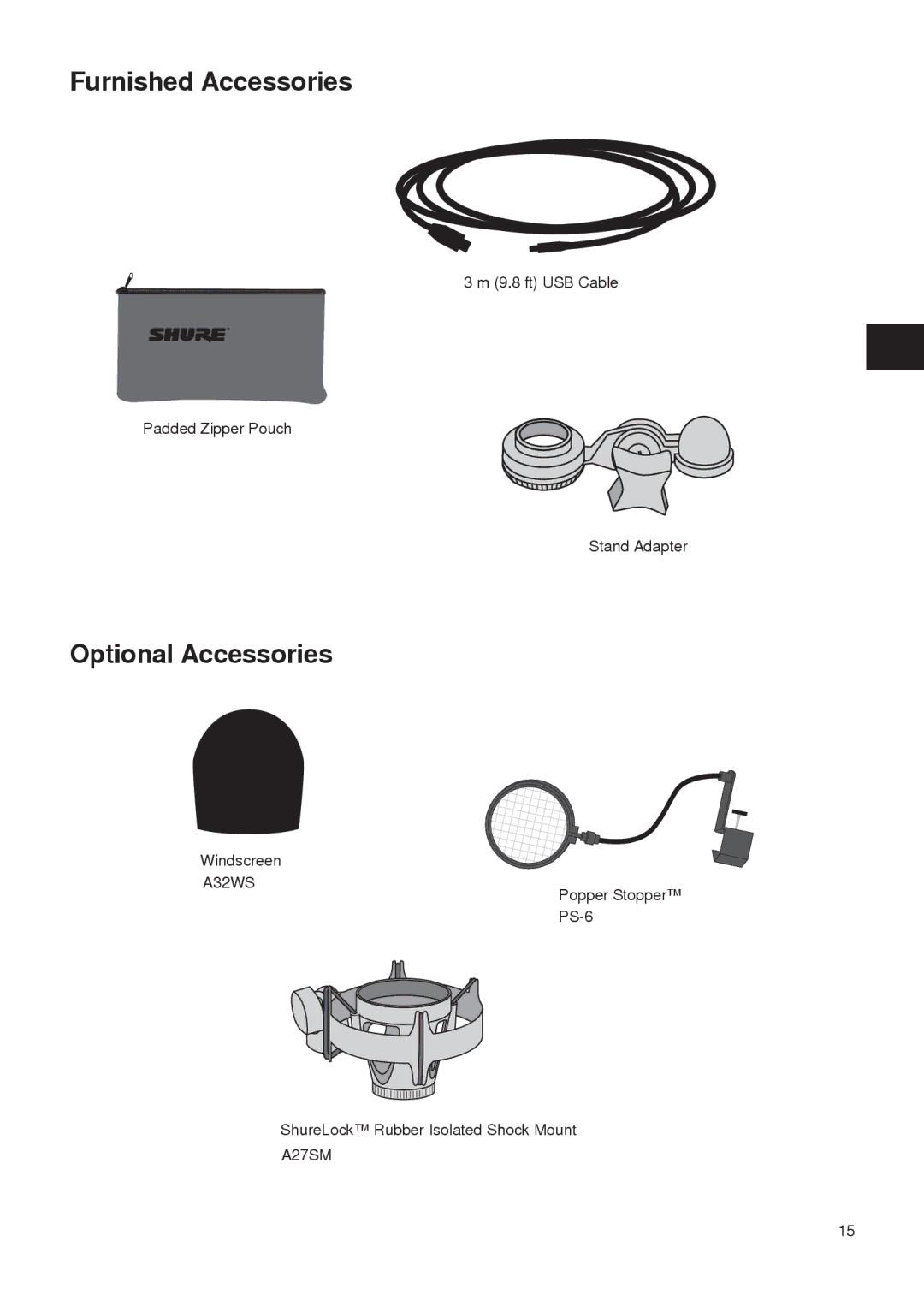 Shure PG27-USB manual Furnished Accessories, Optional Accessories 