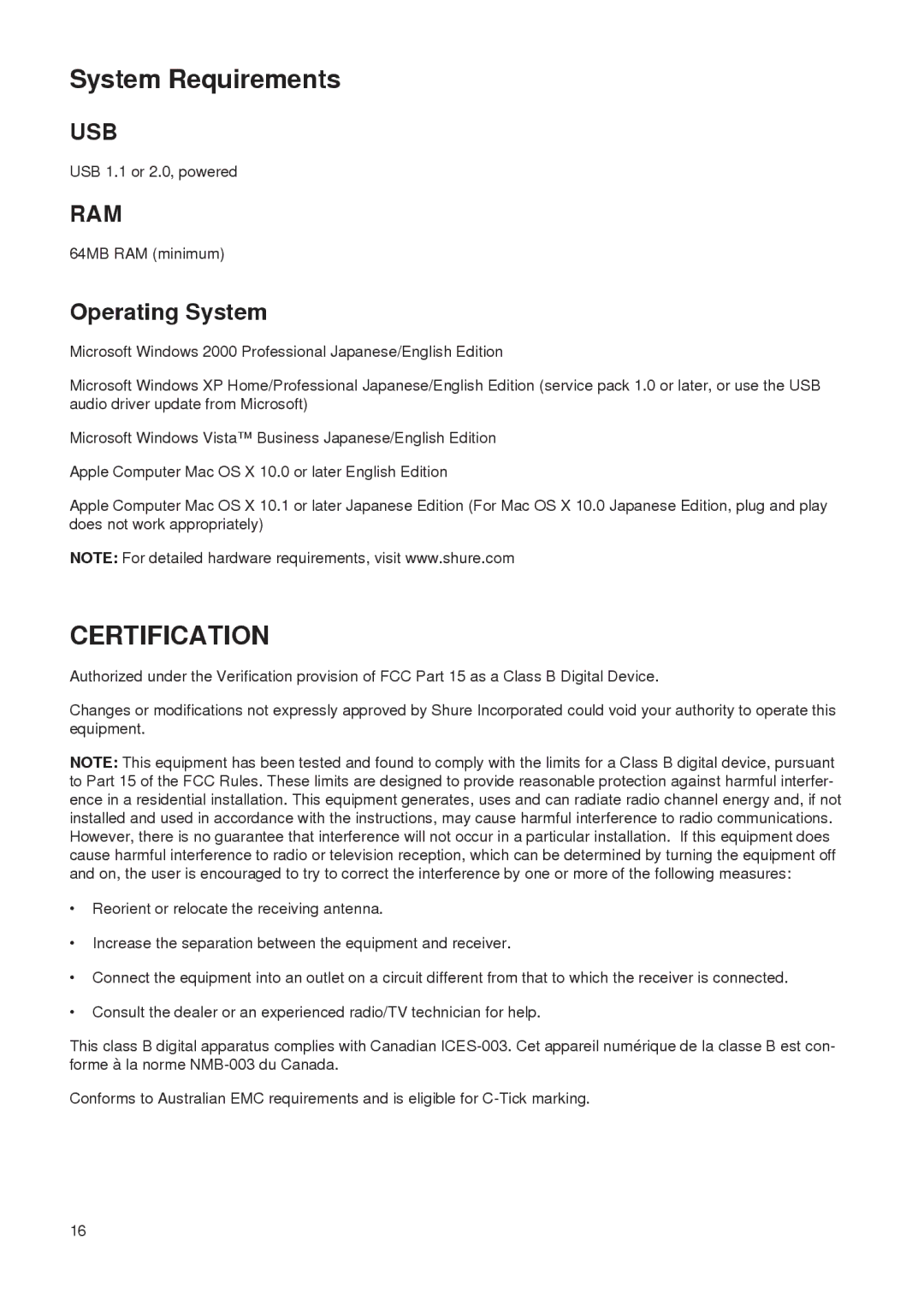 Shure PG27-USB manual System Requirements, Certification, Operating System 