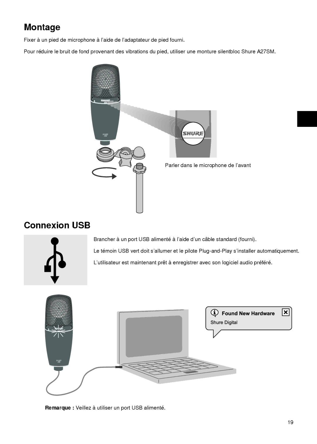 Shure PG27-USB manual Montage, Connexion USB 