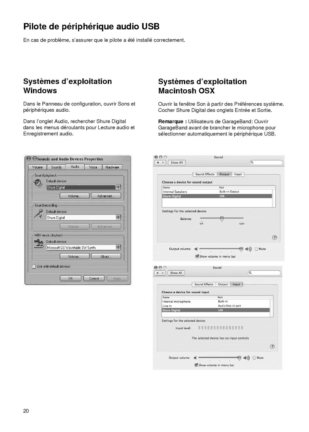 Shure PG27-USB Pilote de périphérique audio USB, Systèmes d’exploitation Windows, Systèmes d’exploitation Macintosh OSX 