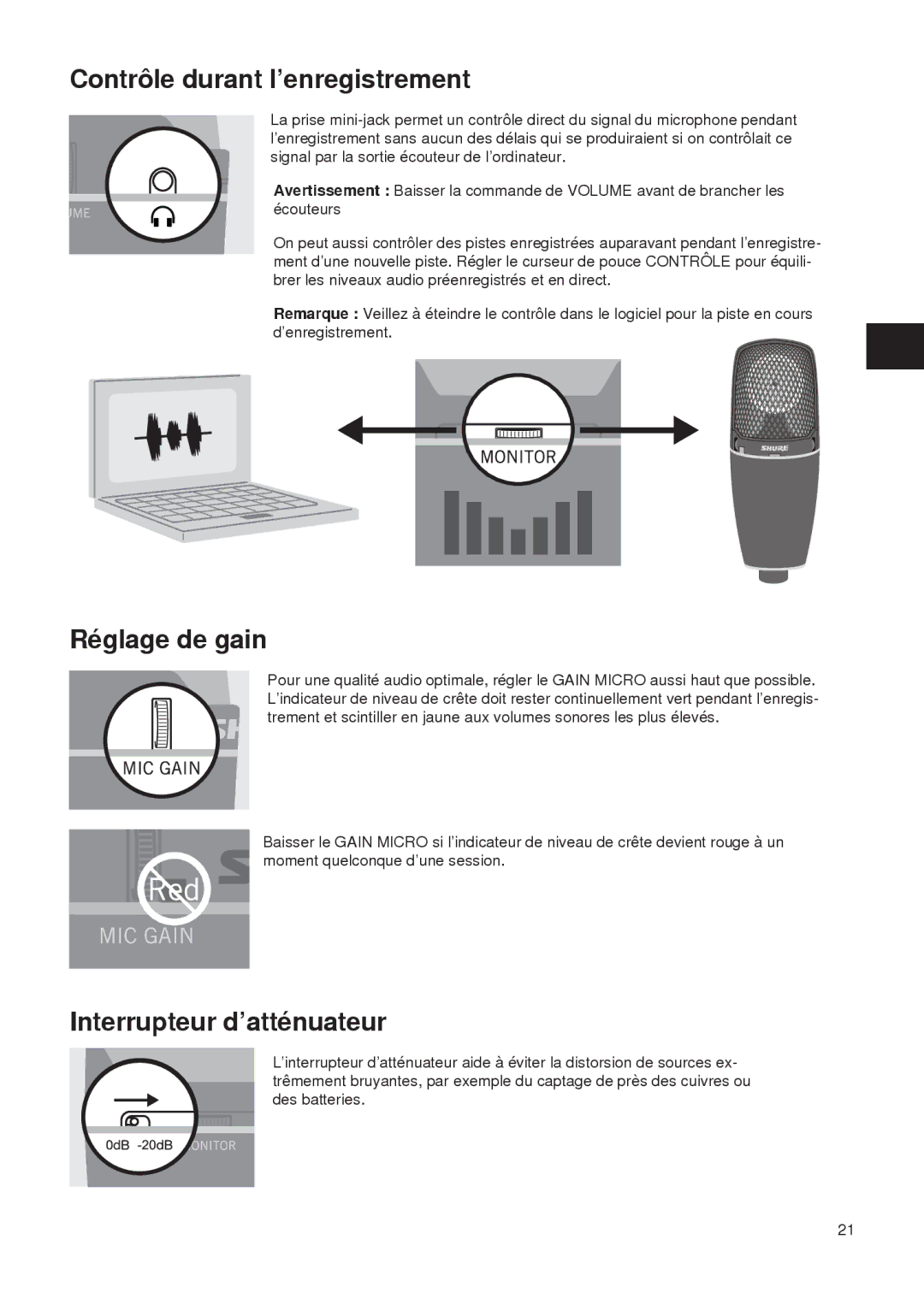 Shure PG27-USB manual Contrôle durant l’enregistrement, Réglage de gain, Interrupteur d’atténuateur 