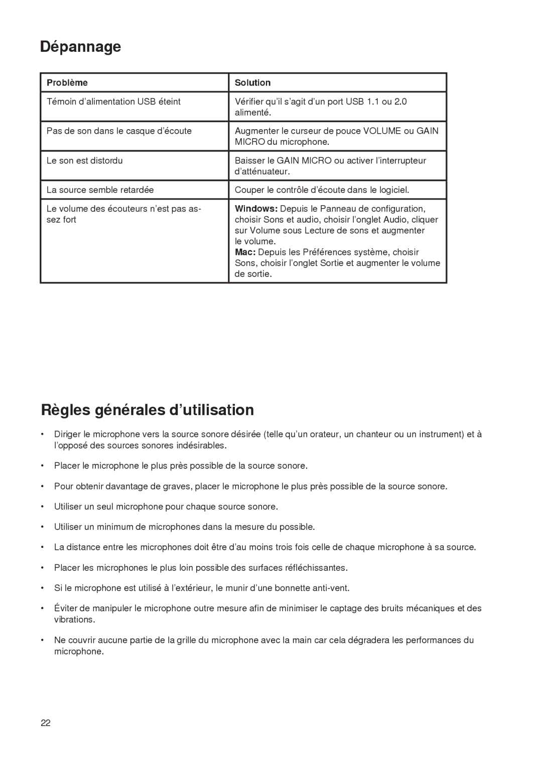 Shure PG27-USB manual Dépannage, Règles générales d’utilisation, Problème Solution 