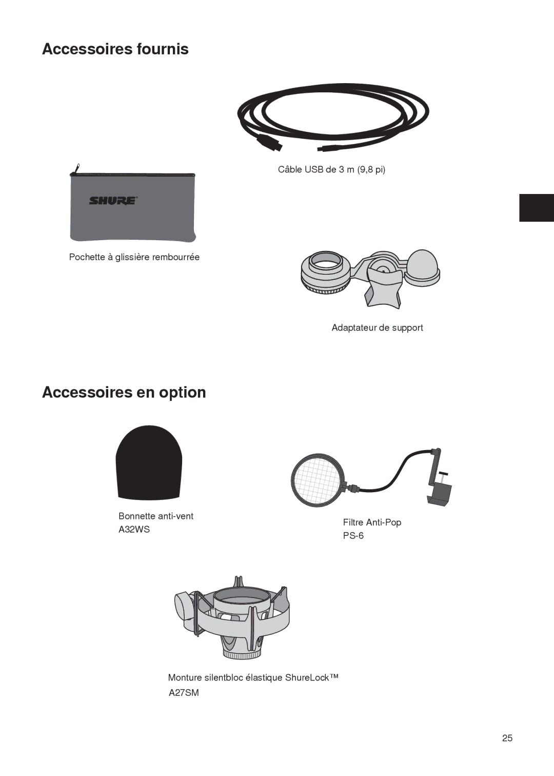 Shure PG27-USB manual Accessoires fournis, Accessoires en option 