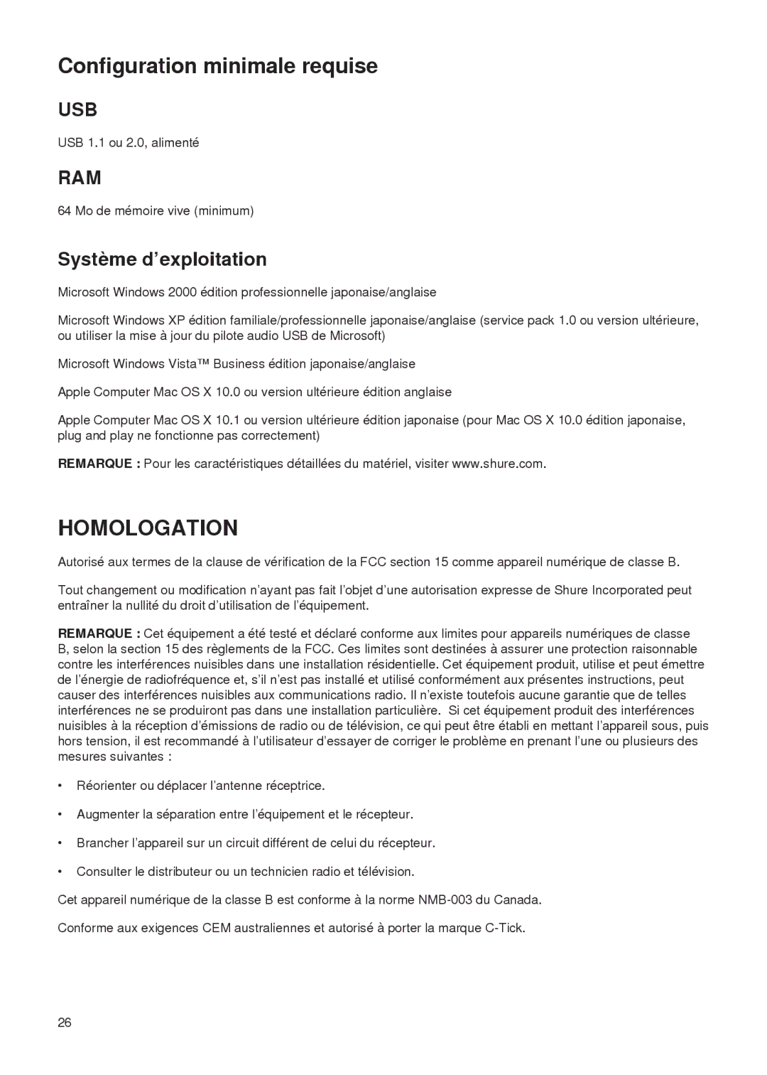 Shure PG27-USB manual Configuration minimale requise, Homologation, Système d’exploitation 