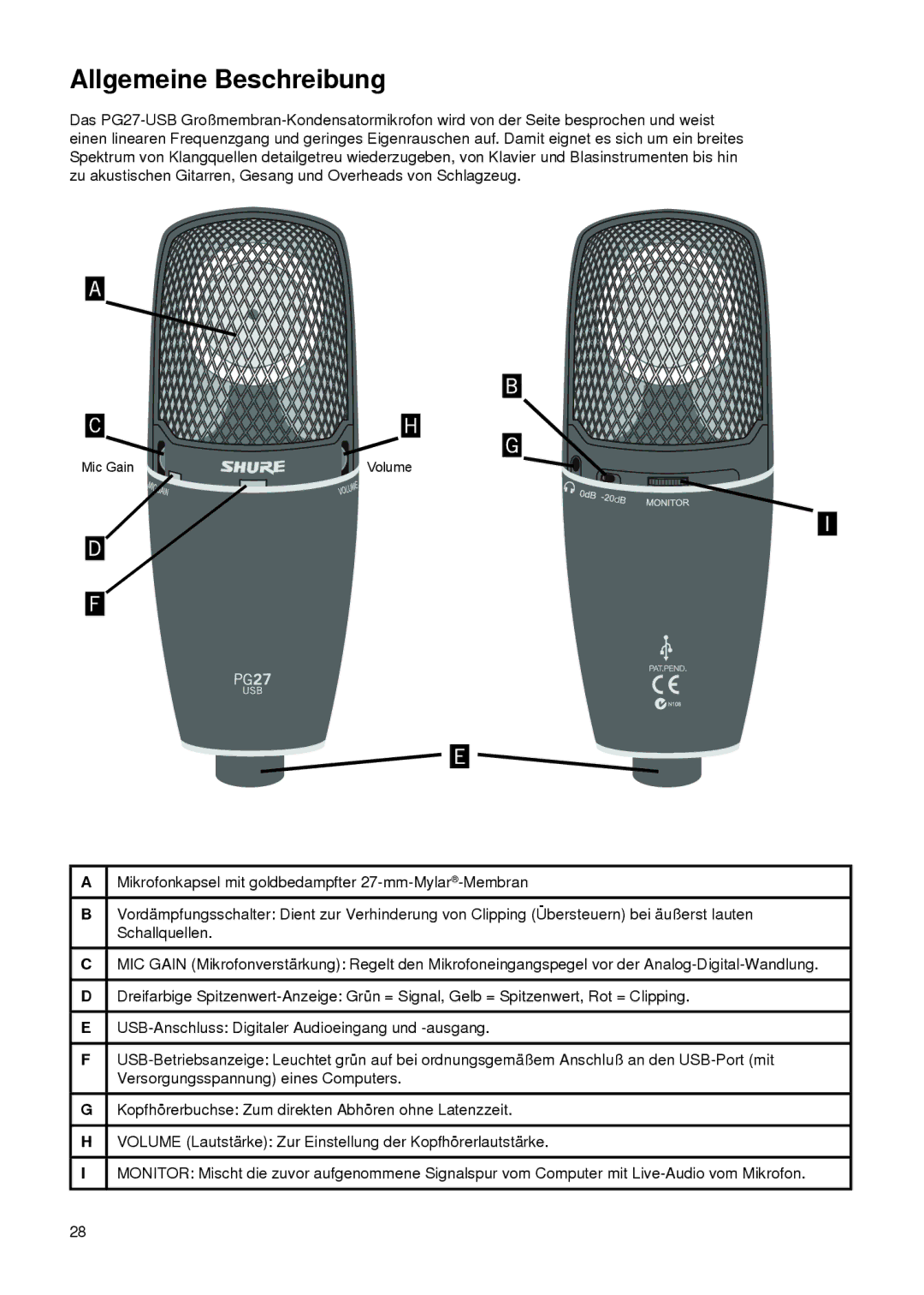 Shure PG27-USB manual Allgemeine Beschreibung 