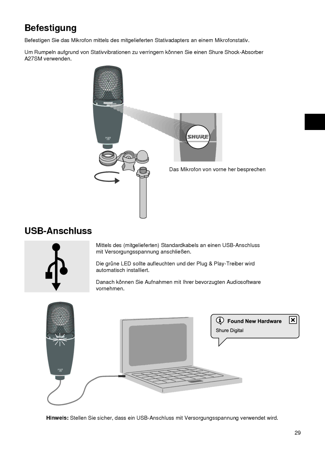 Shure PG27-USB manual Befestigung, USB-Anschluss 