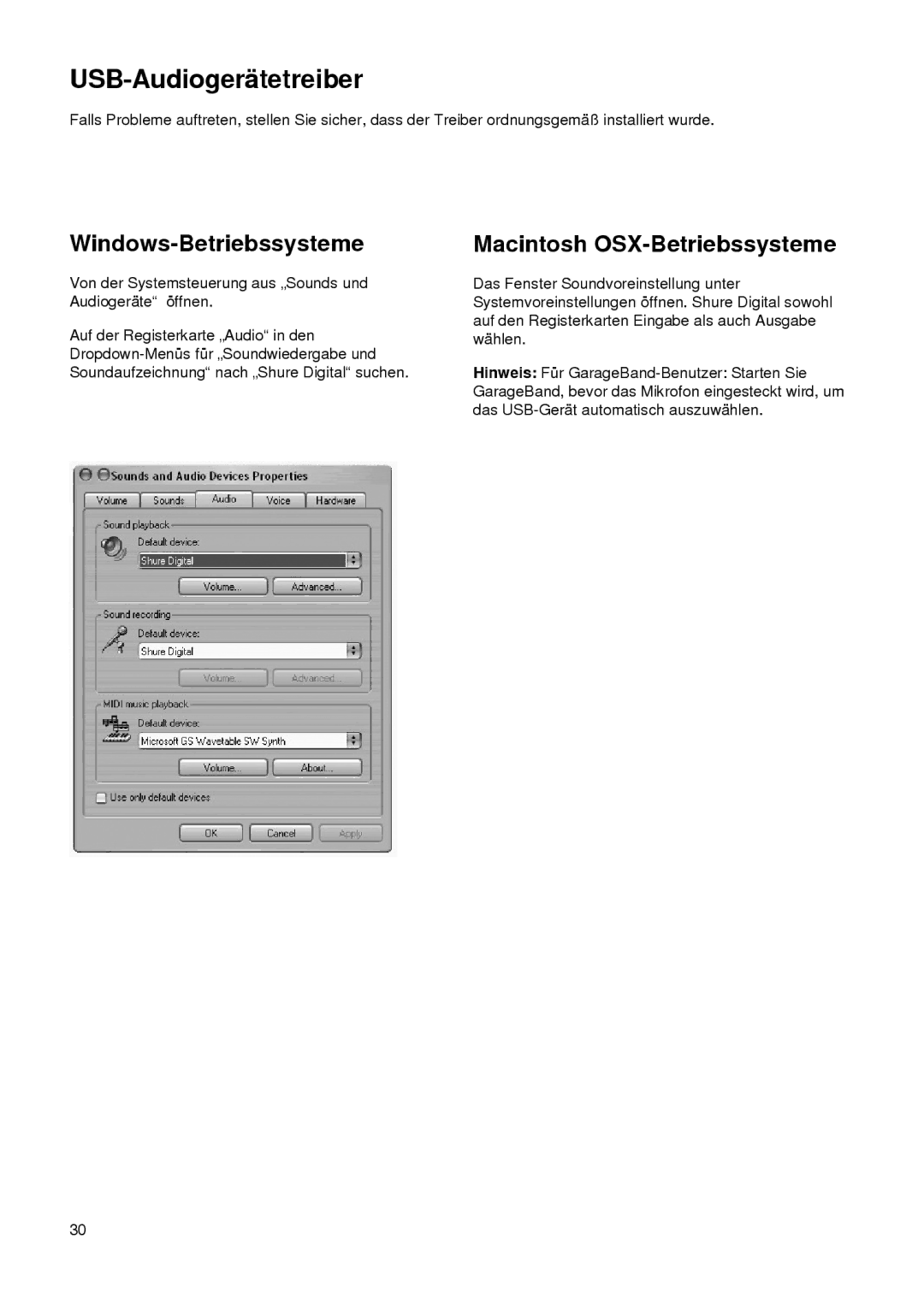 Shure PG27-USB manual USB-Audiogerätetreiber, Windows-Betriebssysteme, Macintosh OSX-Betriebssysteme 