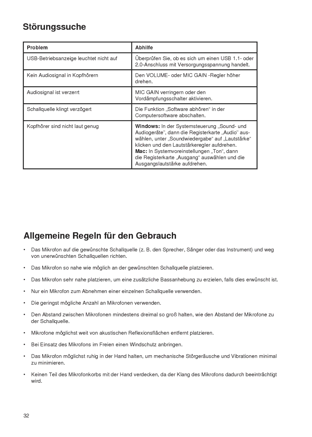 Shure PG27-USB manual Störungssuche, Allgemeine Regeln für den Gebrauch, Problem Abhilfe 