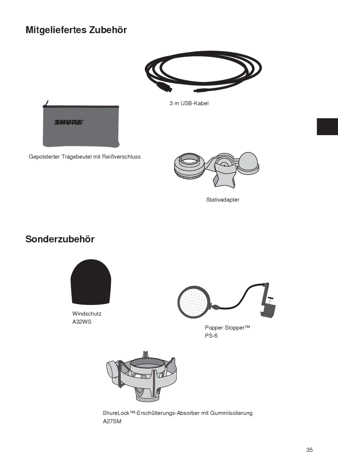 Shure PG27-USB manual Mitgeliefertes Zubehör, Sonderzubehör 