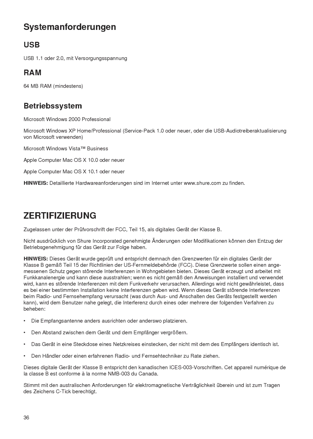 Shure PG27-USB manual Systemanforderungen, Zertifizierung, Betriebssystem 