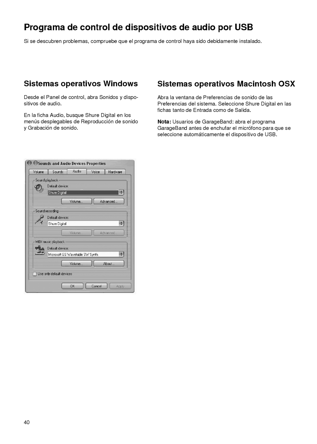 Shure PG27-USB manual Programa de control de dispositivos de audio por USB, Sistemas operativos Windows 