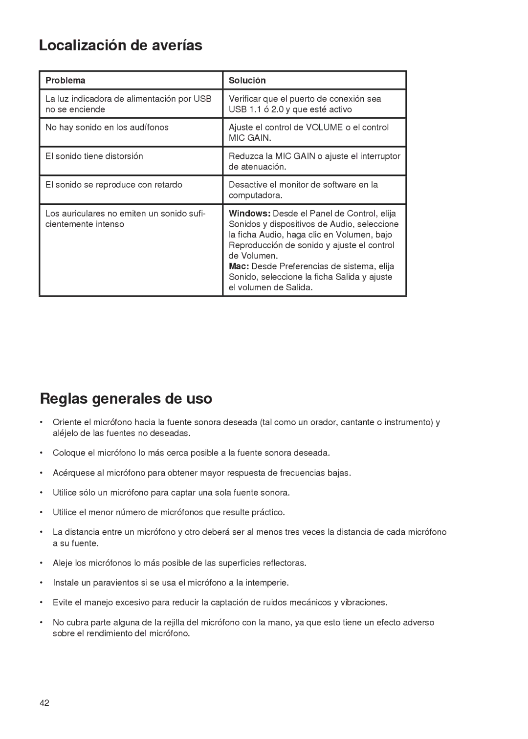 Shure PG27-USB manual Localización de averías, Reglas generales de uso, Problema Solución 