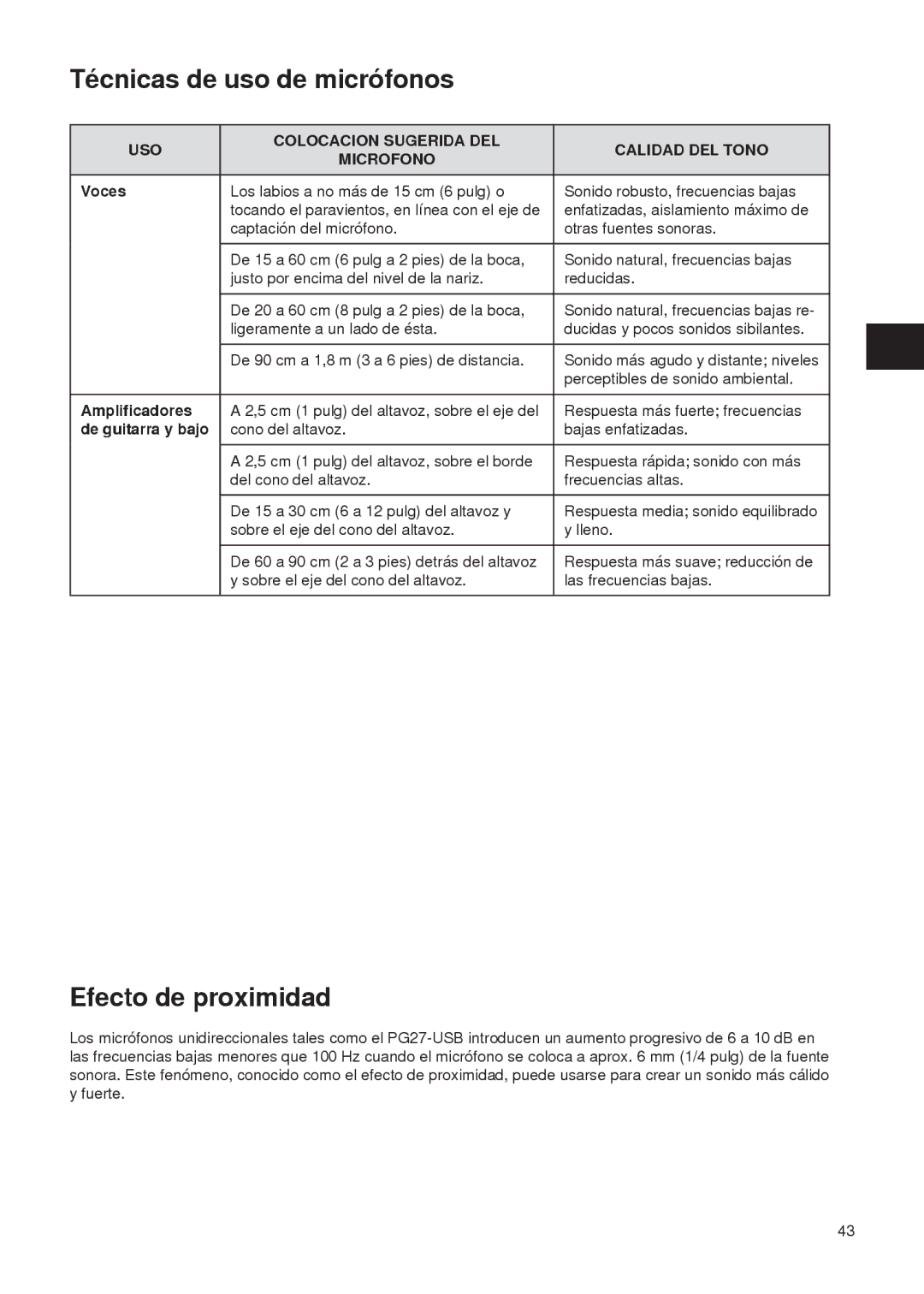 Shure PG27-USB Técnicas de uso de micrófonos, Efecto de proximidad, USO Colocacion Sugerida DEL Calidad DEL Tono Microfono 