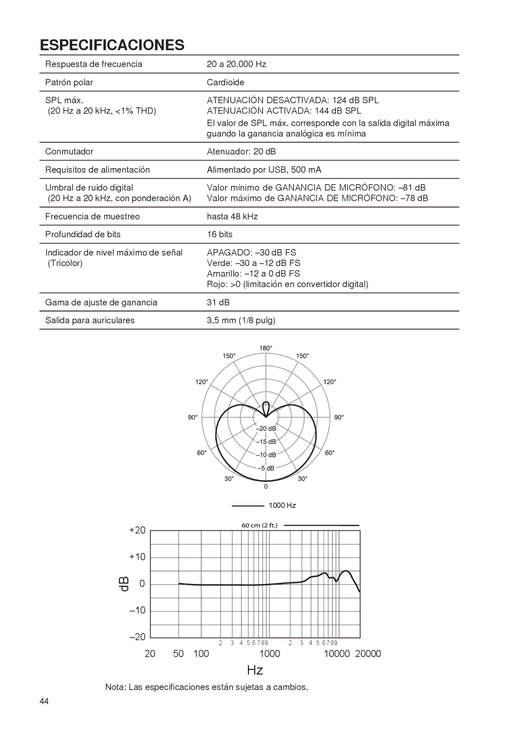 Shure PG27-USB manual Especificaciones 