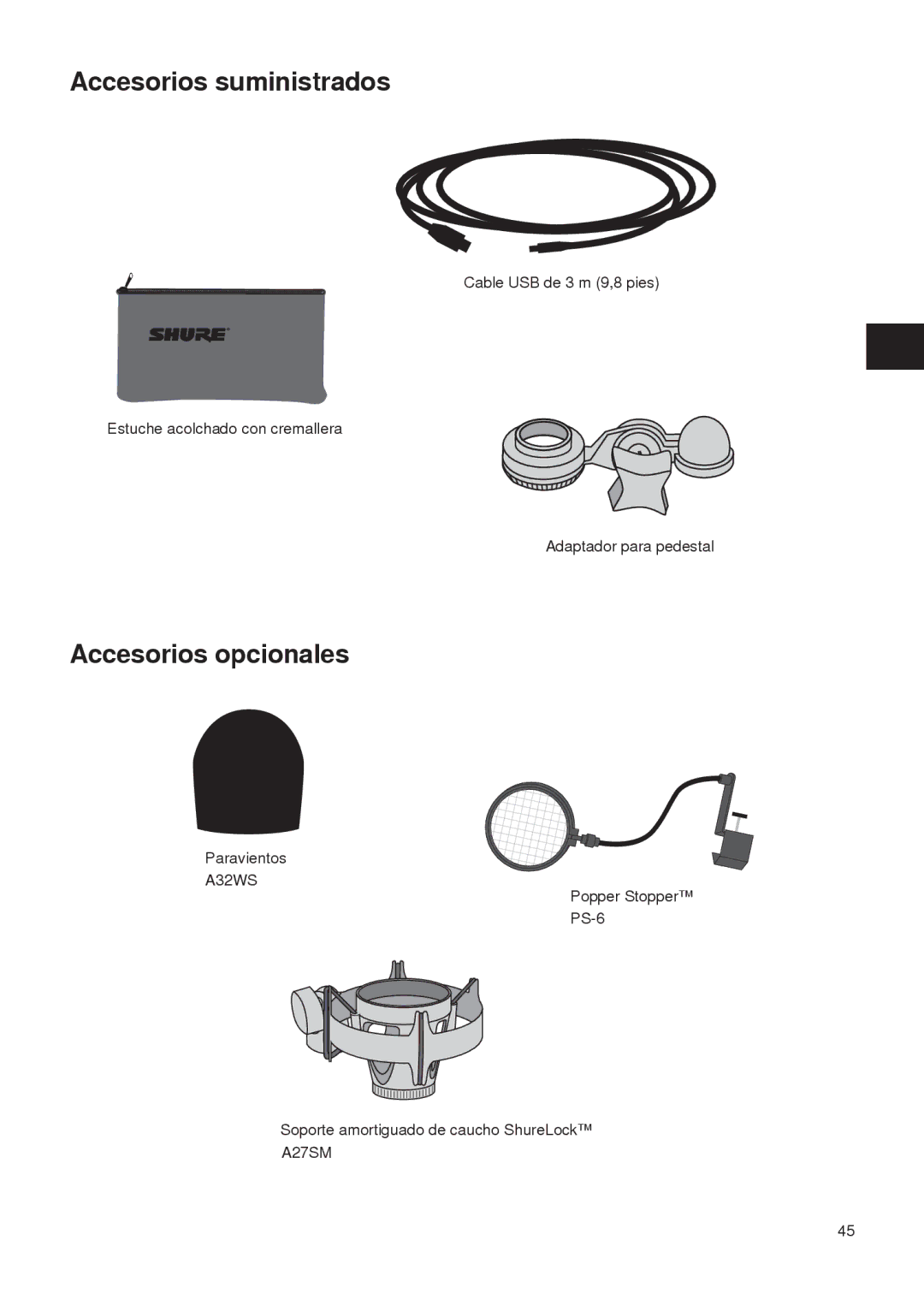 Shure PG27-USB manual Accesorios suministrados, Accesorios opcionales 