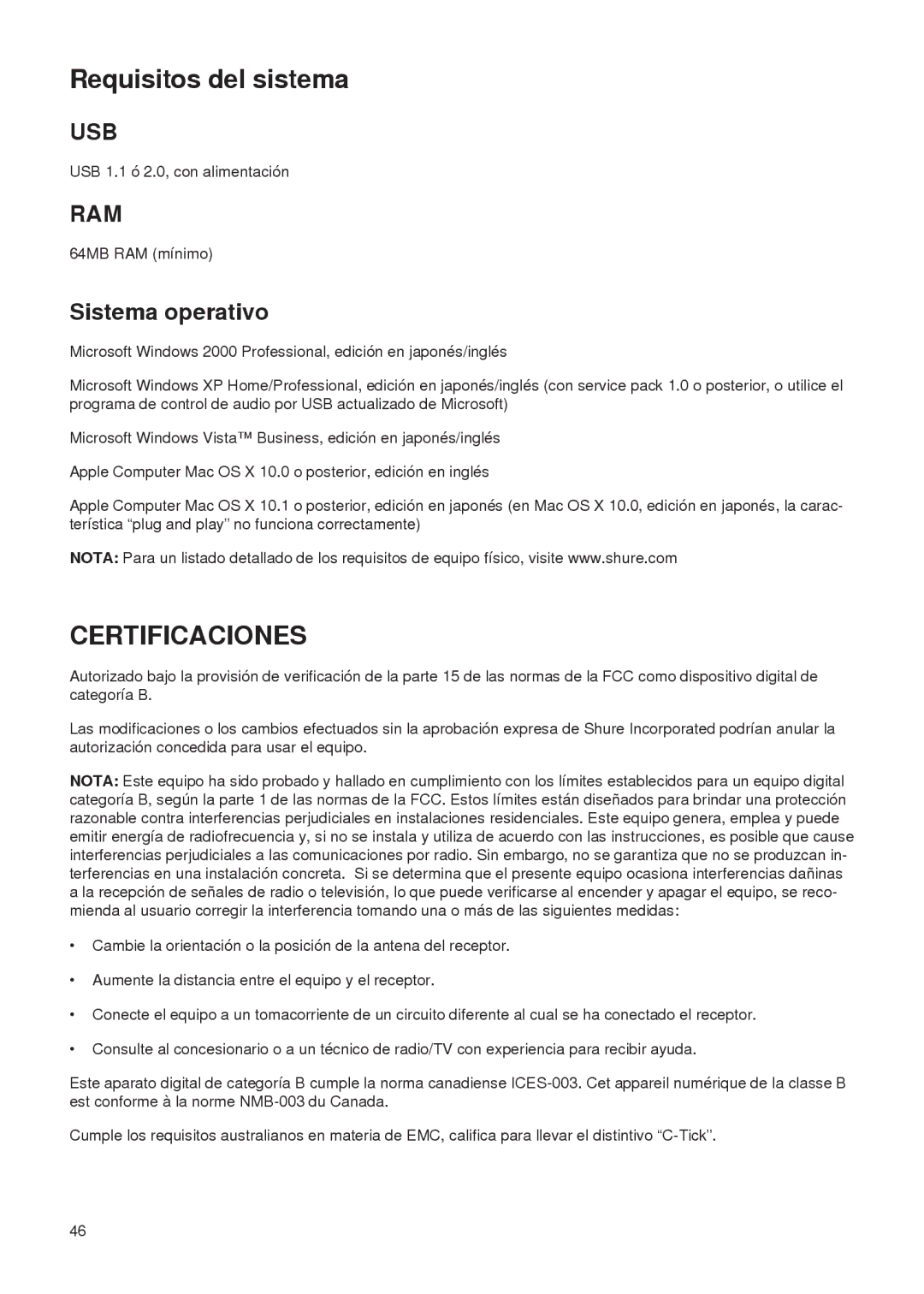 Shure PG27-USB manual Requisitos del sistema, Certificaciones, Sistema operativo 