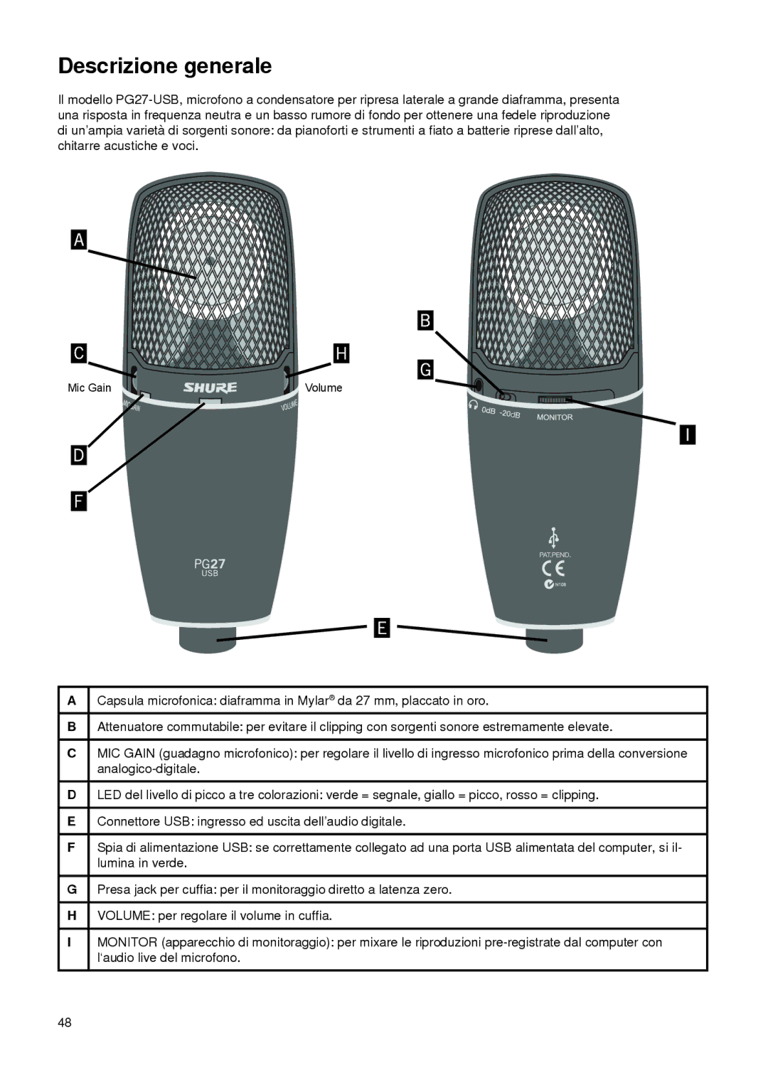 Shure PG27-USB manual Descrizione generale 