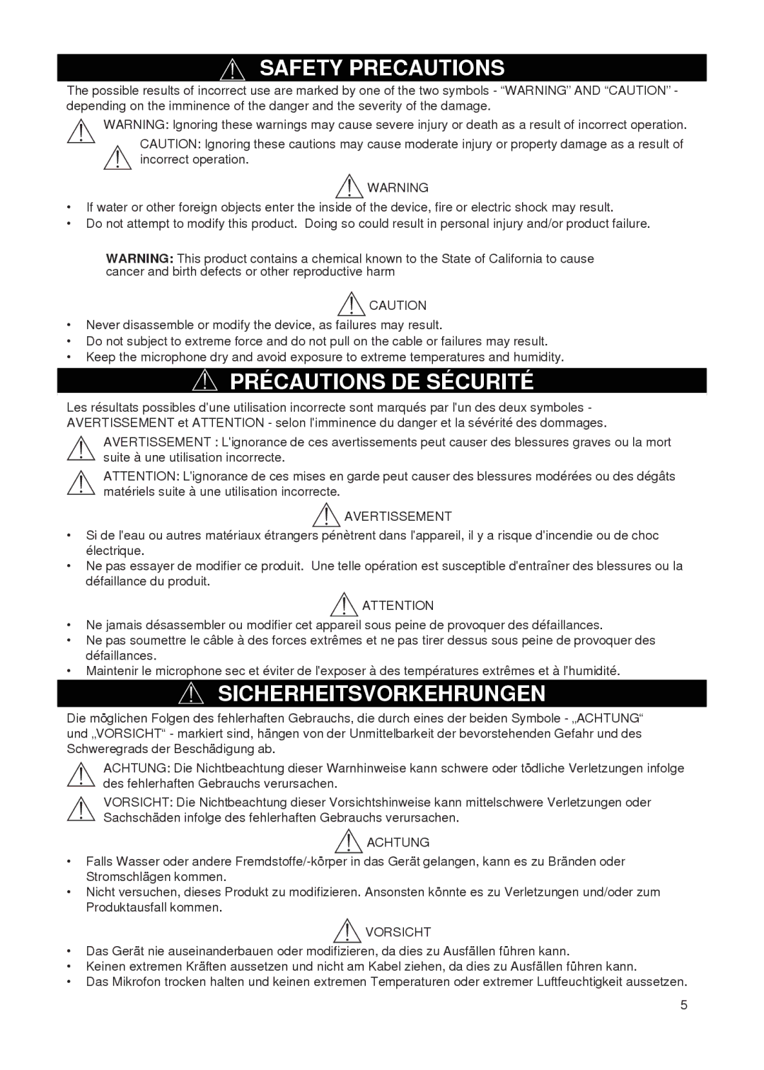 Shure PG27-USB manual Safety Precautions 