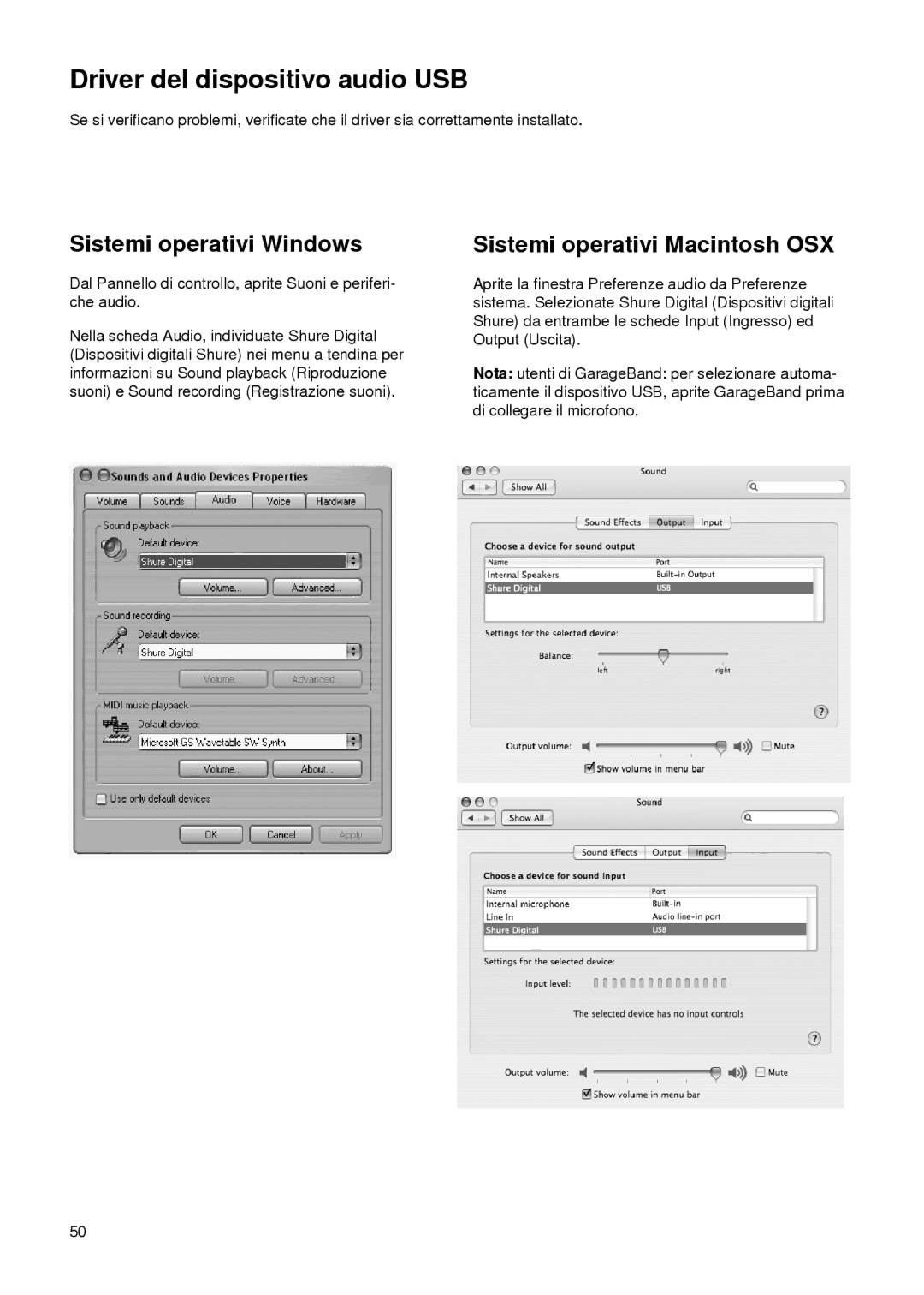 Shure PG27-USB manual Driver del dispositivo audio USB, Sistemi operativi Windows, Sistemi operativi Macintosh OSX 